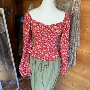 Red Floral Peasant Long Puffy Frilly Sleeve Top Cottagecore Prairie Size 10 Boho